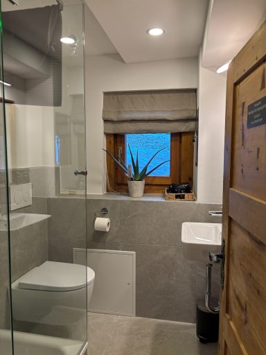 Kleines Duschbad Modernes Badezimmer mit Glasdusche, Toilette und Fenster mit Blick auf Pflanzen.
